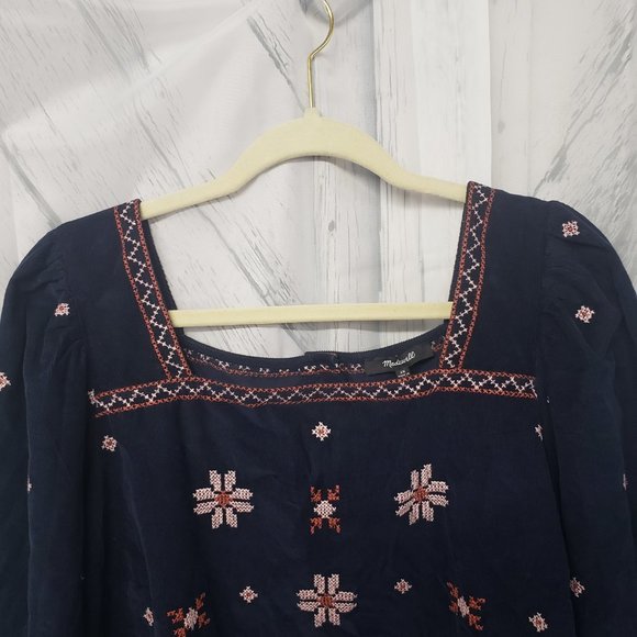 Madewell Navy Corduroy Embroidered Button Up Peasant Blouse Size 2X - Picture 2 of 14